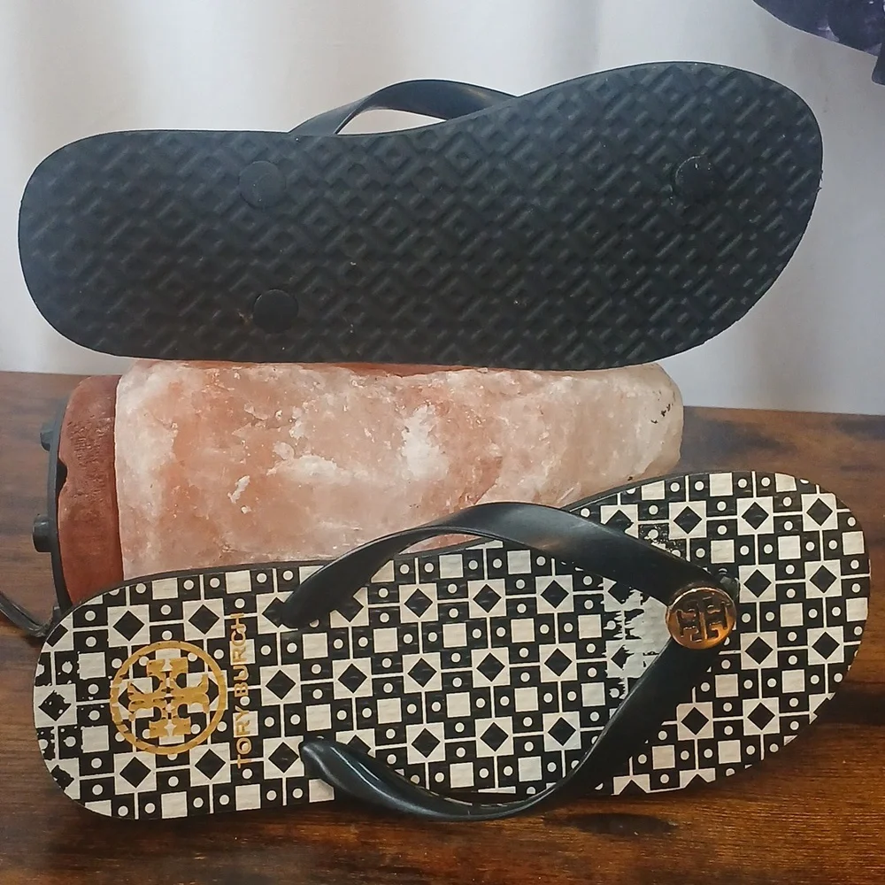 Tory Burch Black and White Logo Flip Flop Sandals with Gold Emblem
